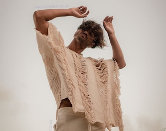 Frayed tulum poncho 27 inches long, boho chic oversized handmade poncho, relax fit Hand knit unisex poncho