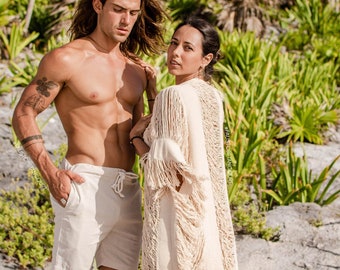 Unique raw frayed tulum kimono 42 inches long, boho chic  oversized handmade poncho, relax fit Hand knit unisex poncho