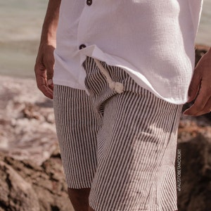 Striped linen shorts, regular fit designer linen tulum shorts, Caribbean boho shots. image 1