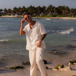 Camp collar linen shirt, designer soft and fresh button up shirt