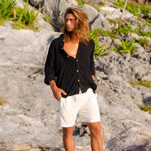 Black gauze fresh long sleeve shirt, loose fit designer button up tulum shirt, Mao neck custom Caribbean boho shirt