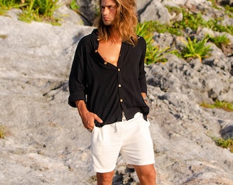 Black gauze fresh long sleeve shirt, loose fit designer button up tulum shirt, Mao neck custom Caribbean boho shirt