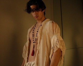 Unique RAW frayed tulum festival kimono 4 feet long, boho chic  oversized handmade poncho,  relax fit Hand knit unisex poncho