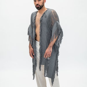 Burning Man Gray kimono 35 inches long, boho chic Tulum burning man oversized handmade poncho, Coachella relax fit Hand knit unisex poncho