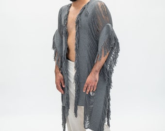 Burning Man Gray kimono 35 inches long, boho chic Tulum burning man oversized handmade poncho, Coachella relax fit Hand knit unisex poncho