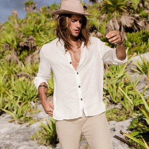 Soft white double gauze fresh shirt, loose fit designer button up tulum shirt, Mao neck custom caribean boho shirt