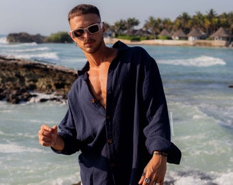 Double gauze navy blue fresh shirt, loose fit designer button up tulum shirt, custom Caribbean boho shirt