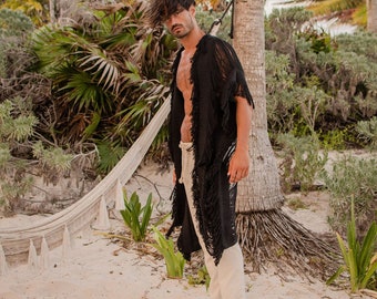 Frayed kimono, full body 48 inch length boho chic oversized handmade poncho, Hand knit unisex poncho