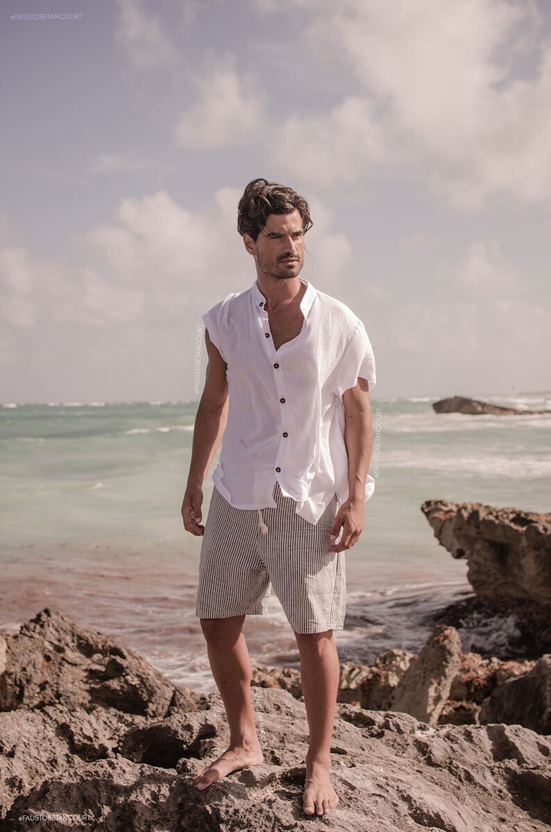 Striped linen shorts, regular fit designer linen tulum shorts, Caribbean boho shots. image 4