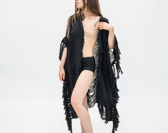 Burning Man frayed tulum kimono 35 inches long, boho chic burning man oversized handmade poncho, Coachella relax fit Hand knit unisex poncho