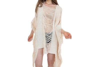 Burning Man effiloché tulum poncho 27 pouces de long, boho chic Burning Man surdimensionné poncho fait à la main, Coachella relax fit Poncho unisexe tricoté à la main