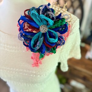 Royal Blue and Pink Flower Pin/Fabric Brooch/Vintage/Up-cycled/Distressed/Wearable Art/Boho/Shabby Chic/Corsage