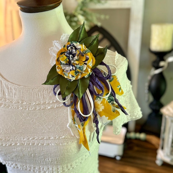 Yellow Flower Pin/Fabric Brooch/Vintage/Up-cycled/Distressed/Wearable Art/Boho/Shabby Chic/Corsage