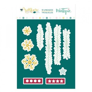May include: A set of 10 die-cut craft stencils featuring snowflakes, pine branches, stars, and circles. The stencils are on a teal background with the text "Muerdago" and "Mintopia" in white. The text "10 UNIDADES TROQUELES" is also included in white.