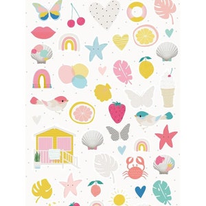 May include: A sheet of 47 colorful puffy stickers with a summer theme. The stickers feature images of butterflies, rainbows, seashells, lemons, ice cream, a beach house, a crab, a star, a heart, a sun, a palm leaf, a strawberry, a bird, a popsicle, and a  ice cream truck. The sheet is titled "Summer Stories" and "Mintonia" with the text "Pegatinas Puffy Puffy Stickers".