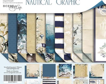 May include: A pack of 11 scrapbook paper sheets with a nautical theme. The papers feature various designs, including stripes, seashells, and ocean-inspired illustrations. The pack includes one sheet of cardstock. The paper is acid and lignin free and measures 30.5 x 30.5 cm.