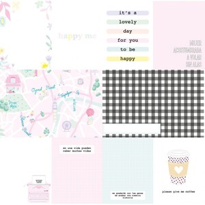 May include: A collage of colorful images with text in English and Spanish. The images include a floral pattern, a map of a city, a checkered pattern, a typewriter, a coffee cup, and a pink background with the text "it's a lovely day for you to be happy".
