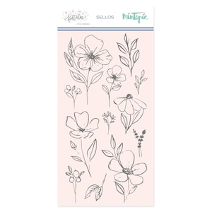 May include: A sheet of floral stickers with a light pink background. The stickers feature various line-drawn flowers and leaves in gray. The words "petalos", "Little Hannah", "SELLOS", and "Mintopia" are printed at the top.