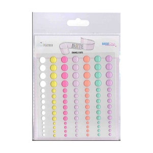 May include: A sheet of colorful enamel dots in white, yellow, pink, orange, green, and purple. The dots are arranged in rows of different sizes. The sheet is labeled "The Feather Arte Enamels Dots" and "BasicCrea".