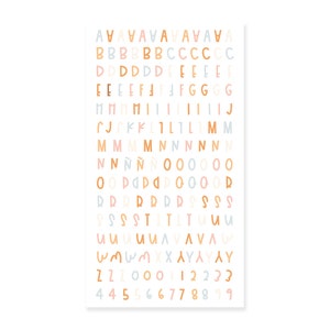 May include: A sheet of colorful alphabet and number stickers with a white background. The letters and numbers are in various shades of pink, orange, and blue.
