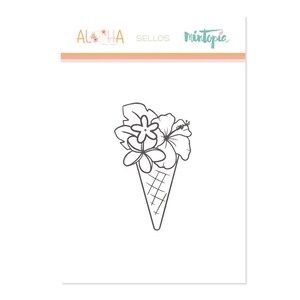May include: A black and white line drawing of a waffle cone filled with tropical flowers. The flowers are hibiscus and plumeria. The image is a digital stamp.