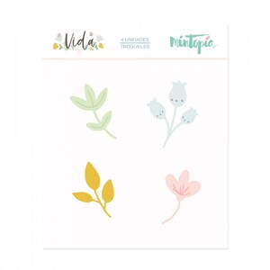 May include: Four die-cut floral designs for crafting. The designs include a green stem with leaves, a blue stem with three flower buds, a yellow stem with leaves, and a pink flower with a stem.