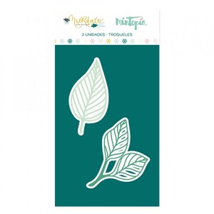 May include: Two die-cut leaf shapes, one single leaf and one with two leaves on a stem. The leaves are white with green lines and are on a teal background. The text "2 UNIDADES - TROQUELES" is at the top of the image.