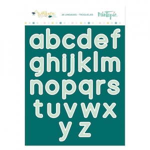 May include: A sheet of 26 alphabet letter die-cut stencils in a light green color on a teal background. The letters are outlined in white. The sheet is labeled "Mierdaco" and "Mintopia" with the text "26 UNIDADES - TROQUELES".
