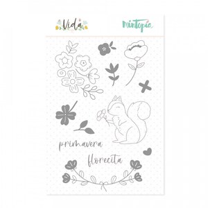 May include: A sheet of clear stamps featuring a squirrel, flowers, leaves, and the words "primavera florecita".