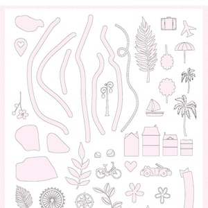 Peut inclure: Une feuille de formes découpées pour la création. Les formes comprennent un palmier, une valise, un avion, un vélo, une boussole, un cœur, une étoile, une fleur, une grande roue, une maison, une voiture et une bannière. La feuille est compatible avec toutes les machines de découpe manuelle.