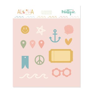 May include: A sheet of die-cut stickers with a beach theme. The stickers include a smiley face, starfish, anchor, seashell, heart, map pins, ticket, peace sign, sunglasses, and waves. The stickers are in pastel colors on a pink background. The word "Aloha" is at the top.