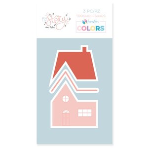 May include: A package of die-cut paper shapes featuring a house design. The house is in shades of pink and coral, with a light blue background. The package includes the text "My Story" and "Colors".