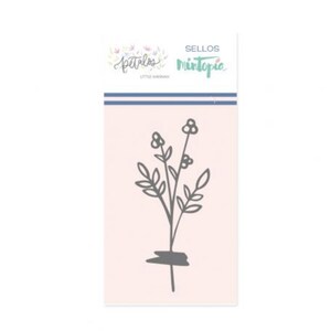 May include: A black and white outline of a flower stem with leaves and small flowers. The image is on a pink background with the text "SELLOS MINTOPIA" and "Petalos LITTLE HAPPINESS" in blue and green.
