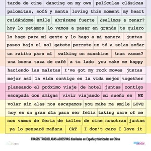 May include: A colorful set of Spanish language phrase stickers with a variety of romantic and playful sayings. The stickers are printed on a white background with a yellow border. The text includes phrases like "dancing on my own", "loving this moment", "walking on sunshine", and "I don't care I love it".
