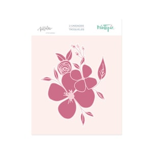 May include: Two pink floral die cuts with the text "Petalos Little Harmony" and "Mintopie 2 Unidades Troqueles" on a pink background.