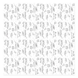 May include: A seamless pattern featuring silver sprigs and berries on a white background.