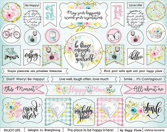 May include: A sheet of colorful cardboard stickers with a variety of happy quotes and images. The stickers feature a blue and green color scheme with pink accents. The stickers are perfect for adding a touch of whimsy to your crafts and projects.