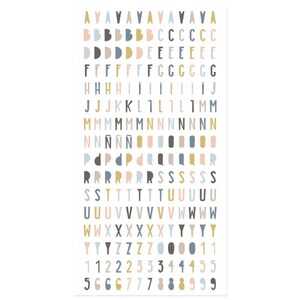 May include: A set of colorful alphabet and number stickers in various shades of blue, pink, and gold. The stickers are arranged in rows and columns, with each letter and number appearing multiple times.