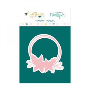 May include: A pink wreath die cut with a poinsettia and greenery design. The die cut is on a teal background with the text "Muérdago" and "Mintopia" at the top.