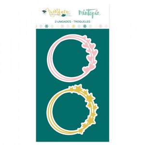 May include: Two die-cut circle frames, one with a pink floral design and the other with a gold star design. The frames are on a teal background with the text "2 UNIDADES - TROQUELES" in white.