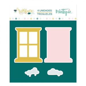 May include: Four die-cut shapes for crafting: a window with a gold frame, a pink rectangle, and two white clouds. The die cuts are on a green background. The text "Muerdago" and "Mintopia" are at the top of the image.