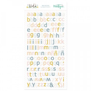 May include: A sheet of colorful puffy alphabet stickers in blue, pink, yellow, and white. The letters are arranged in alphabetical order and include punctuation marks. The sheet is labeled "Vida" and "mintopia".