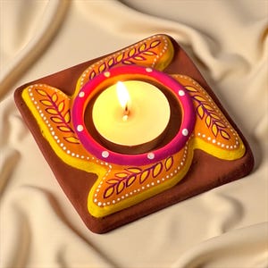 May include: A lit candle sits in a decorative, square terracotta candle holder. The holder features a vibrant design with yellow, orange, and purple accents. The candle holder has a floral design and a pink ring around the candle.