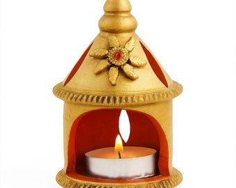 Handmade Golden Temple Diya – Indian Clay Candle Holder for Diwali Gift & Festival Decor