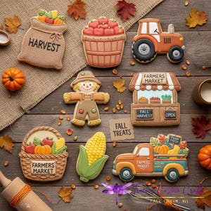 Puede incluir: Una colección de galletas decoradas con motivos otoñales que incluyen un saco de cosecha, una cesta de manzanas, un tractor, un espantapájaros, un puesto de mercado, una mazorca de maíz y un camión, con un letrero que dice Fall Treats.