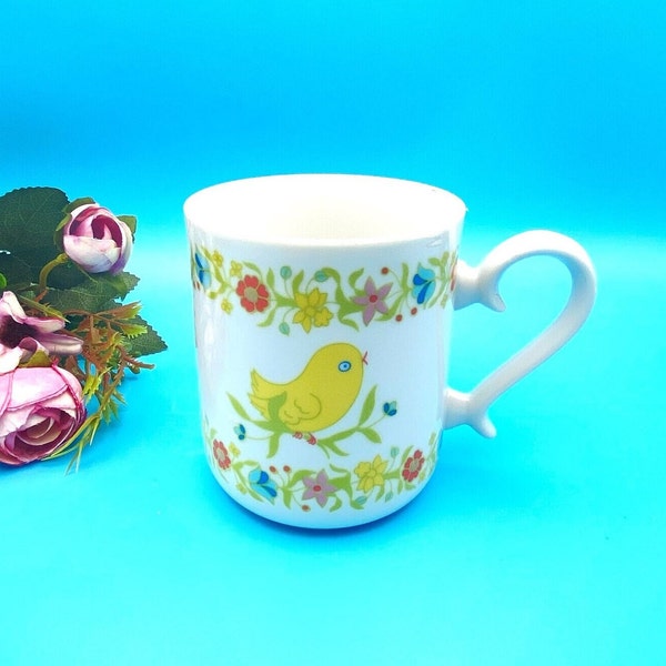 Vintage Milk Glass Yellow Birds & Multi-Color Flowers Mug/Birds and Flowers Tea Cup/Milk Glass Coffee Mug