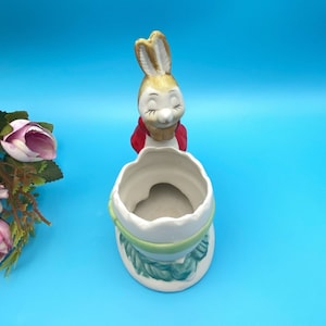 Vintage 1970s Interpur Ceramic Girl Bunny & Egg Dish/Bunny Peering Into Egg Planter/Candy Dish/Easter Assemblage
