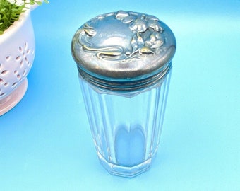 Vintage Vanity Powder Jar/Silver Floral Embossed/Repoussé Lid with Glass Octagon Shaped Bottle/Art Nouveau Vanity Jar