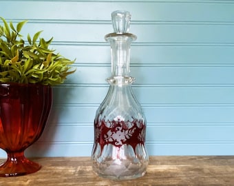 Vintage Ruby Red Multi-Floral & Clear Glass Decanter/Ruby Red y Clear Glass Beverage Decanter/Ruby Red y Clear Glass Alcohol Decanter