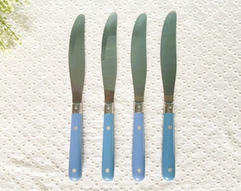 Vintage Blue Handle Melamine Serrated Knives/Set 4/MCM Blue Handle Dinner Knives/Melamine Cutlery